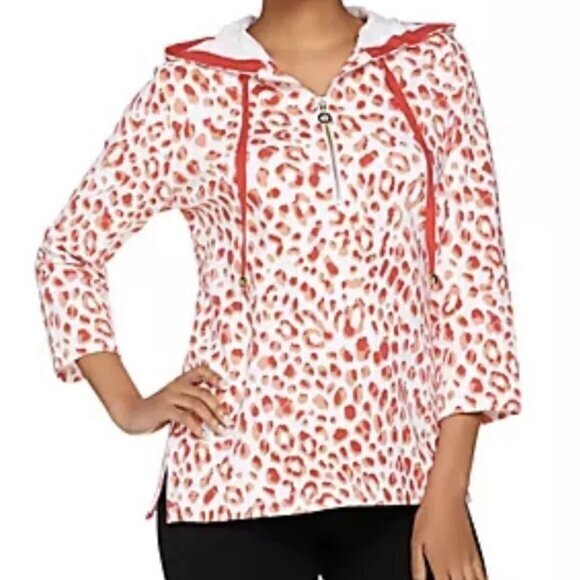 Susan Graver Women's Coral Leopard 1/2 Zip French‎ Terry Hooded Pullover- SMALL - Picture 1 of 11